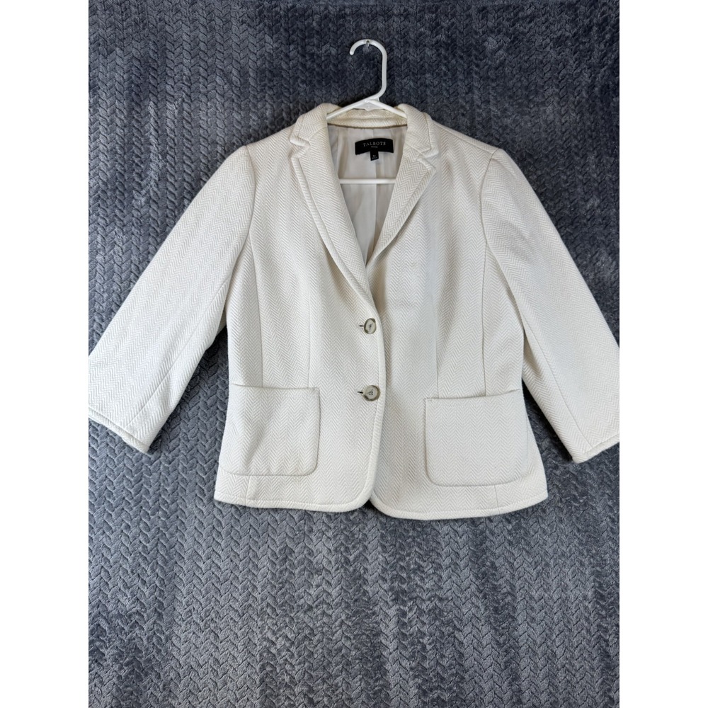 Talbots Blazer Jacket Womens 6P Off White Cotton Stretch Chevron Textured Formal